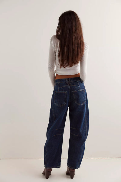 Free People We The Free Good Luck Mid-Rise Barrel Jeans - Deep End