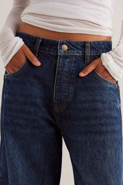 Free People We The Free Good Luck Mid-Rise Barrel Jeans - Deep End