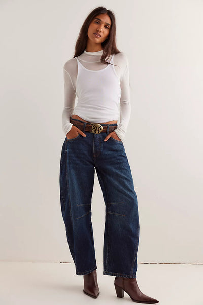 Free People We The Free Good Luck Mid-Rise Barrel Jeans - Deep End