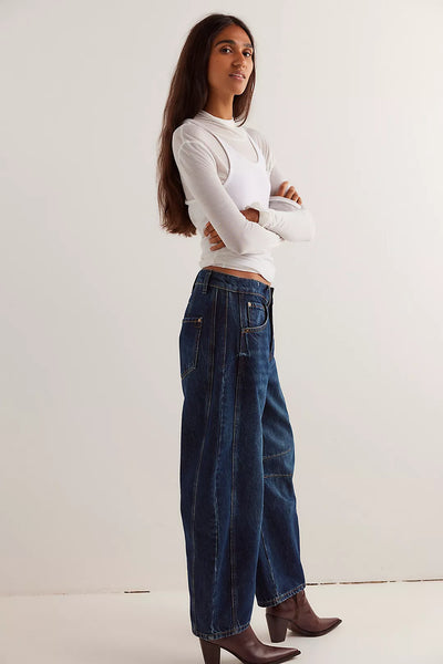 Free People We The Free Good Luck Mid-Rise Barrel Jeans - Deep End