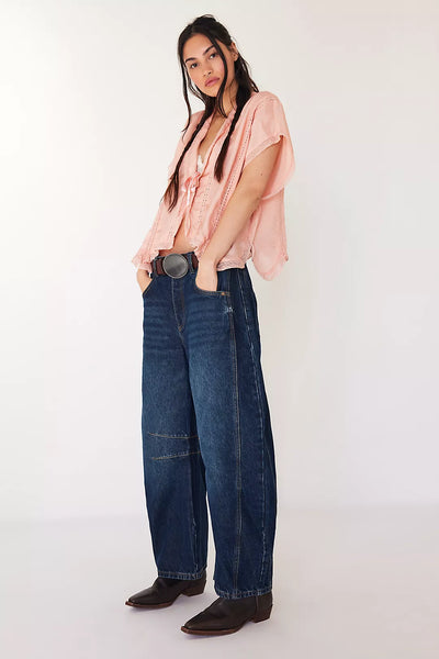 Free People We The Free Good Luck Mid-Rise Barrel Jeans - Deep End