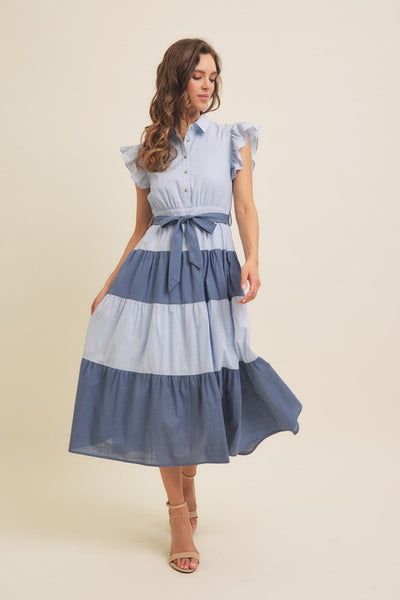 Midi Dress With Ruffle Details - Blue Multi