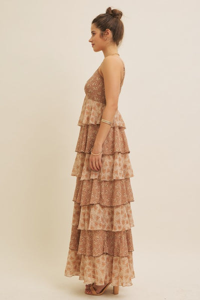 Romantic Floral Tiered Maxi Dress - Clay Multi