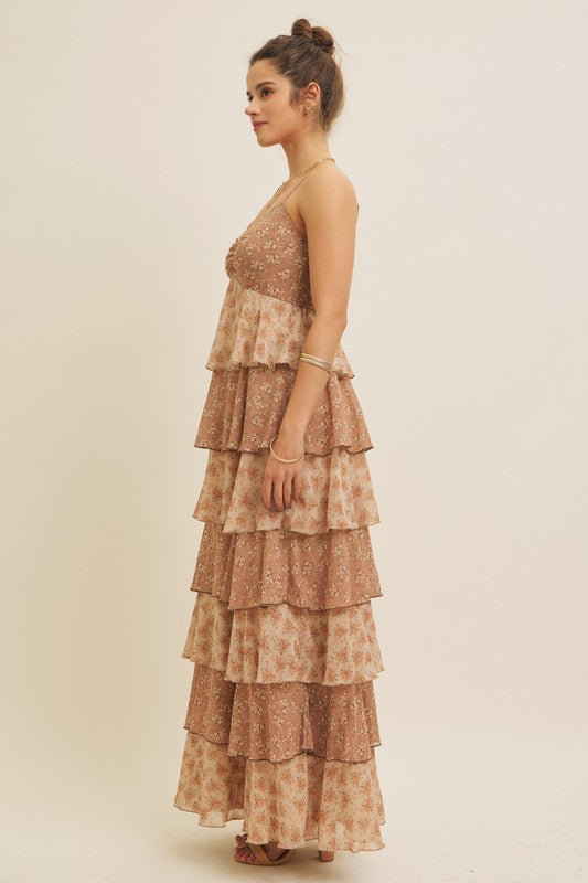 Romantic Floral Tiered Maxi Dress - Clay Multi