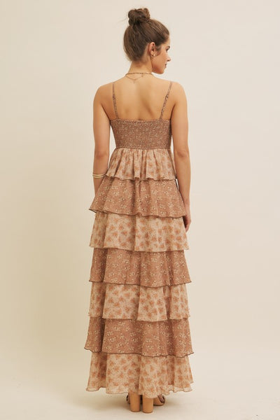 Romantic Floral Tiered Maxi Dress - Clay Multi
