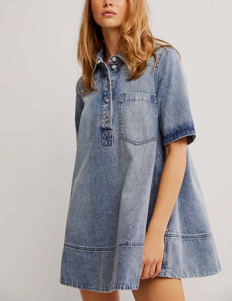 Free People Remino Denim Mini Dress - Ocean Blue