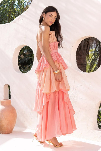 Pleated Layered Ruffle Long Dress - Coral Multi