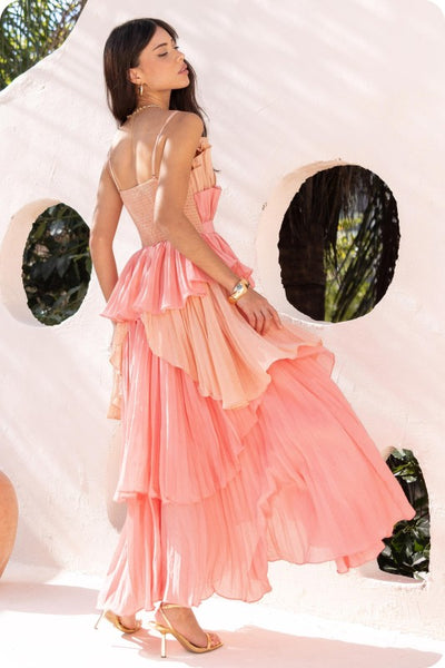 Pleated Layered Ruffle Long Dress - Coral Multi