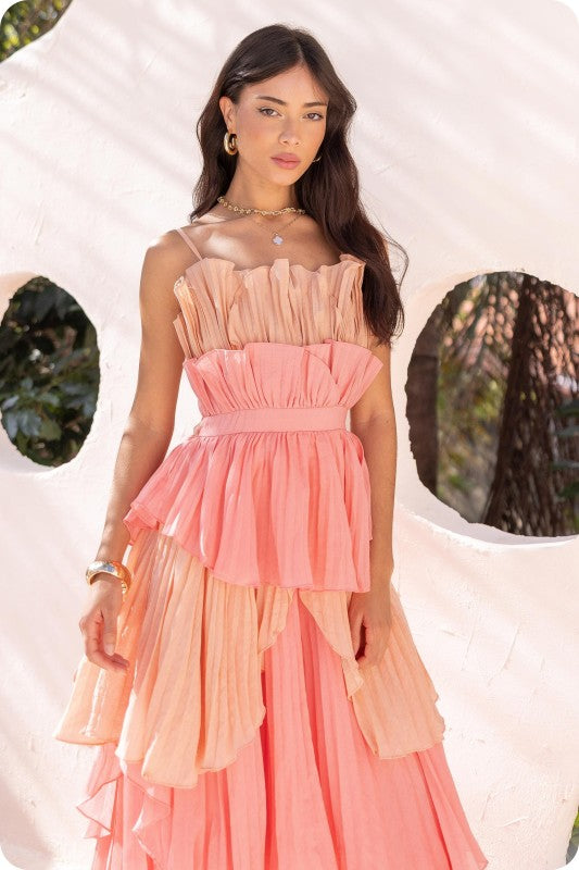 Pleated Layered Ruffle Long Dress - Coral Multi