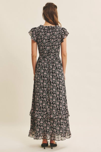 Floral Chiffon Maxi Dress - Black Multi