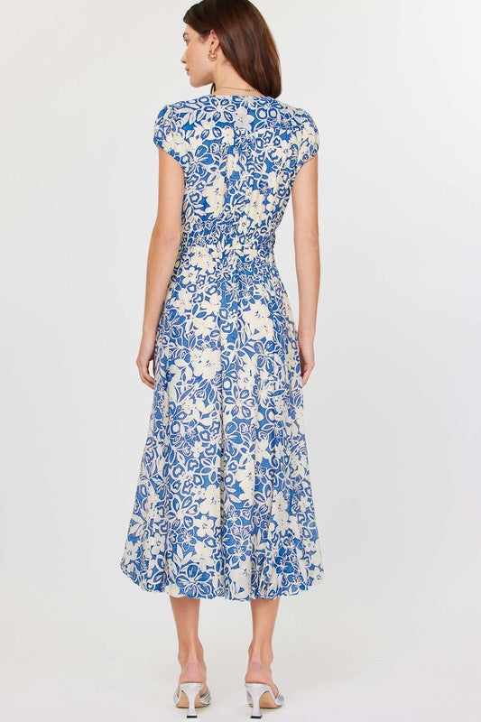 Floral Printed Bubble Hem Long Dress - Blue Mlt