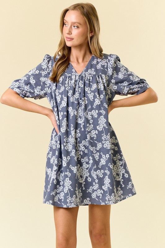 Cotton Floral Half Button Down Mini Dress - Indigo