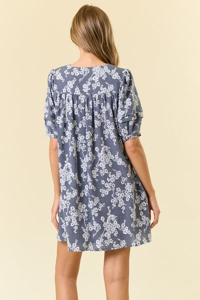 Cotton Floral Half Button Down Mini Dress - Indigo