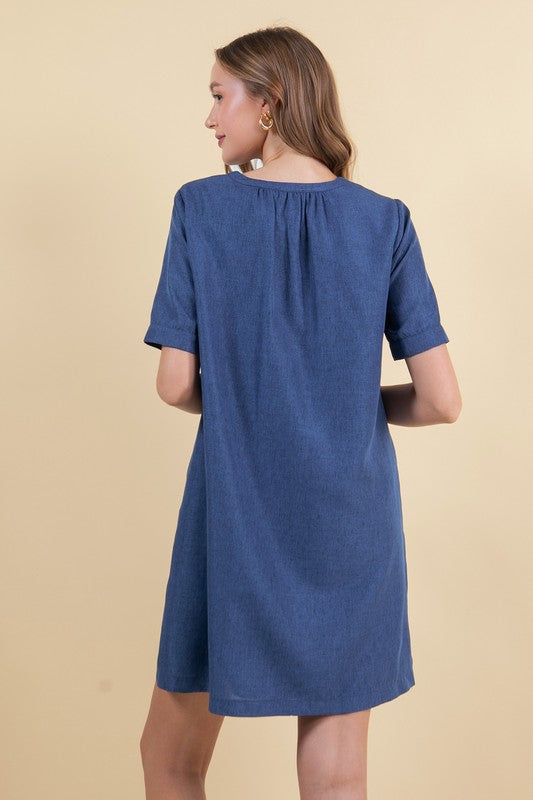 Half Button Down Pintuck Detailed Mini Dress - Midnight