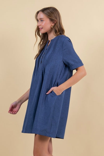Half Button Down Pintuck Detailed Mini Dress - Midnight