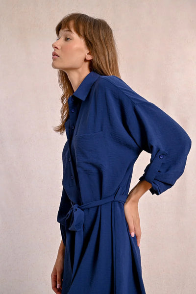 Woven Tieable Shirt Dress - Navy Blue