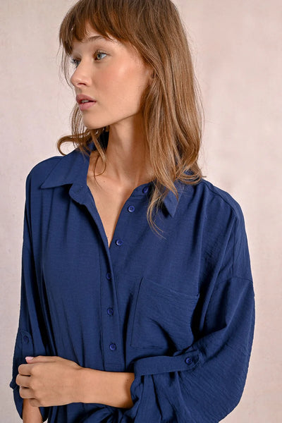 Woven Tieable Shirt Dress - Navy Blue