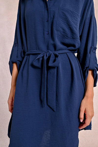 Woven Tieable Shirt Dress - Navy Blue