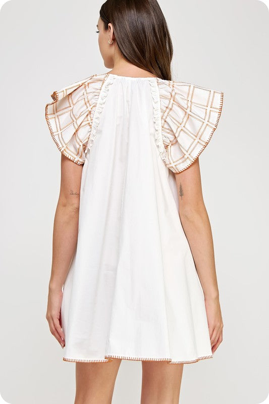 Embroidered Flutter Poplin Mini Dress - White/Orange