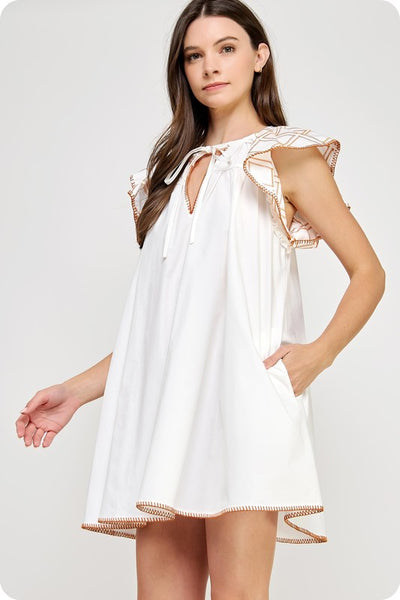 Embroidered Flutter Poplin Mini Dress - White/Orange