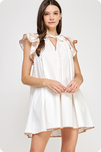 Embroidered Flutter Poplin Mini Dress - White/Orange