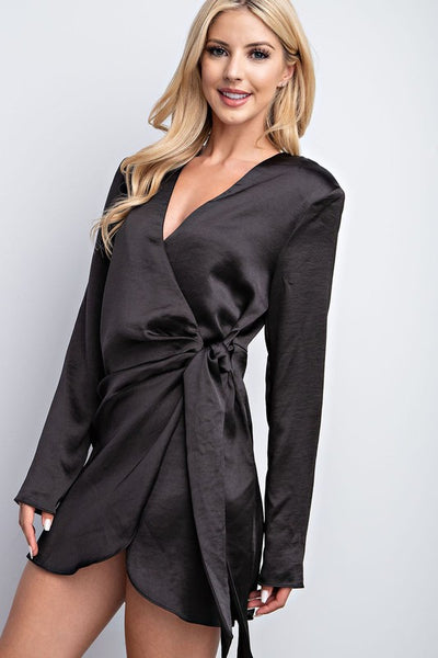 Side Tie Satin Dress - Black