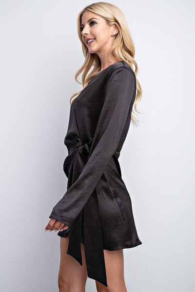Side Tie Satin Dress - Black