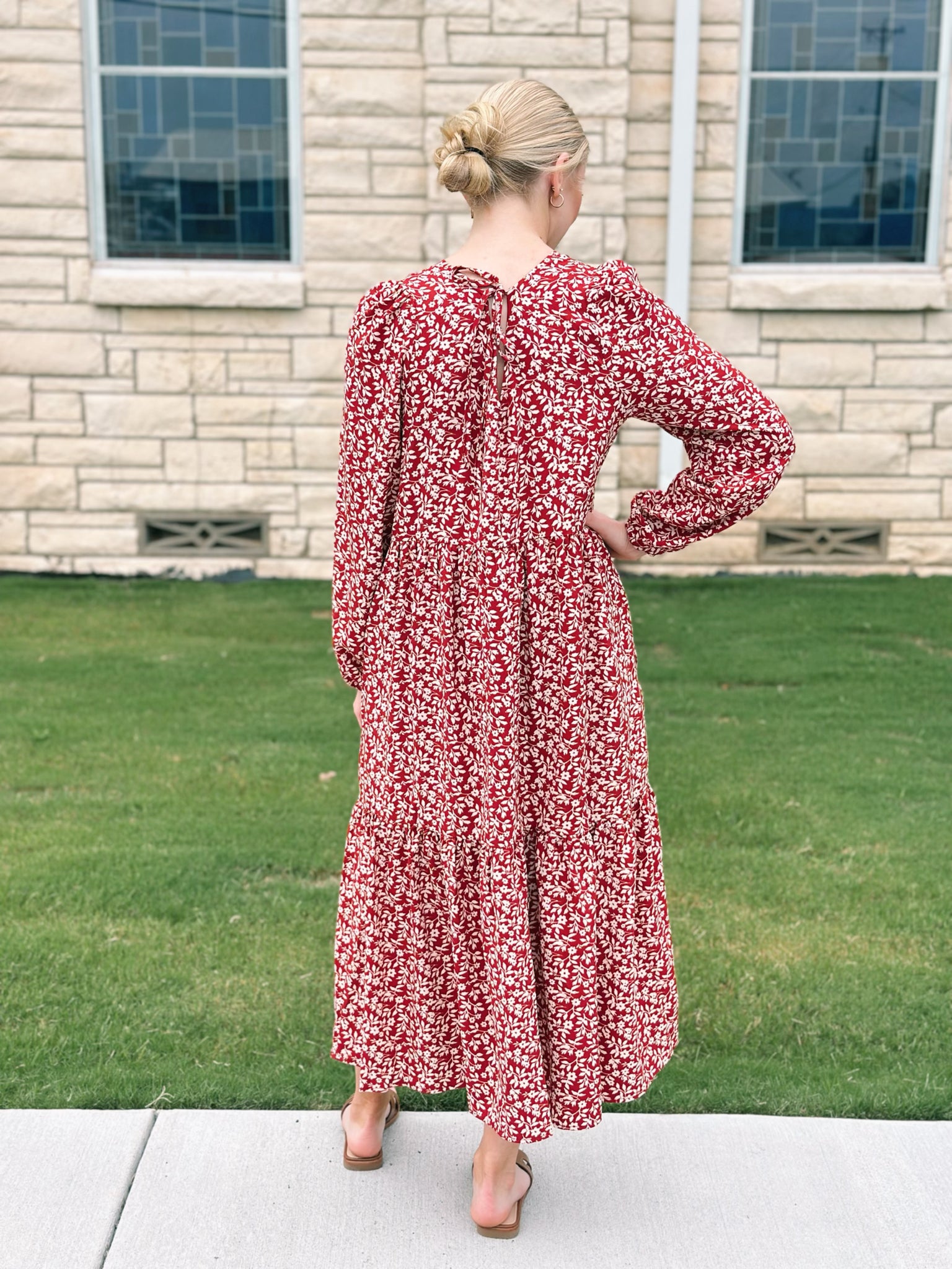 Floral Tiered Midi Dress - Burgandy