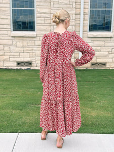 Floral Tiered Midi Dress - Burgandy
