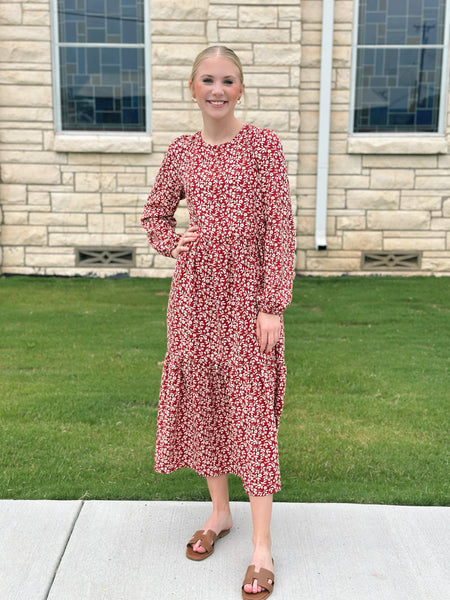 Floral Tiered Midi Dress - Burgandy