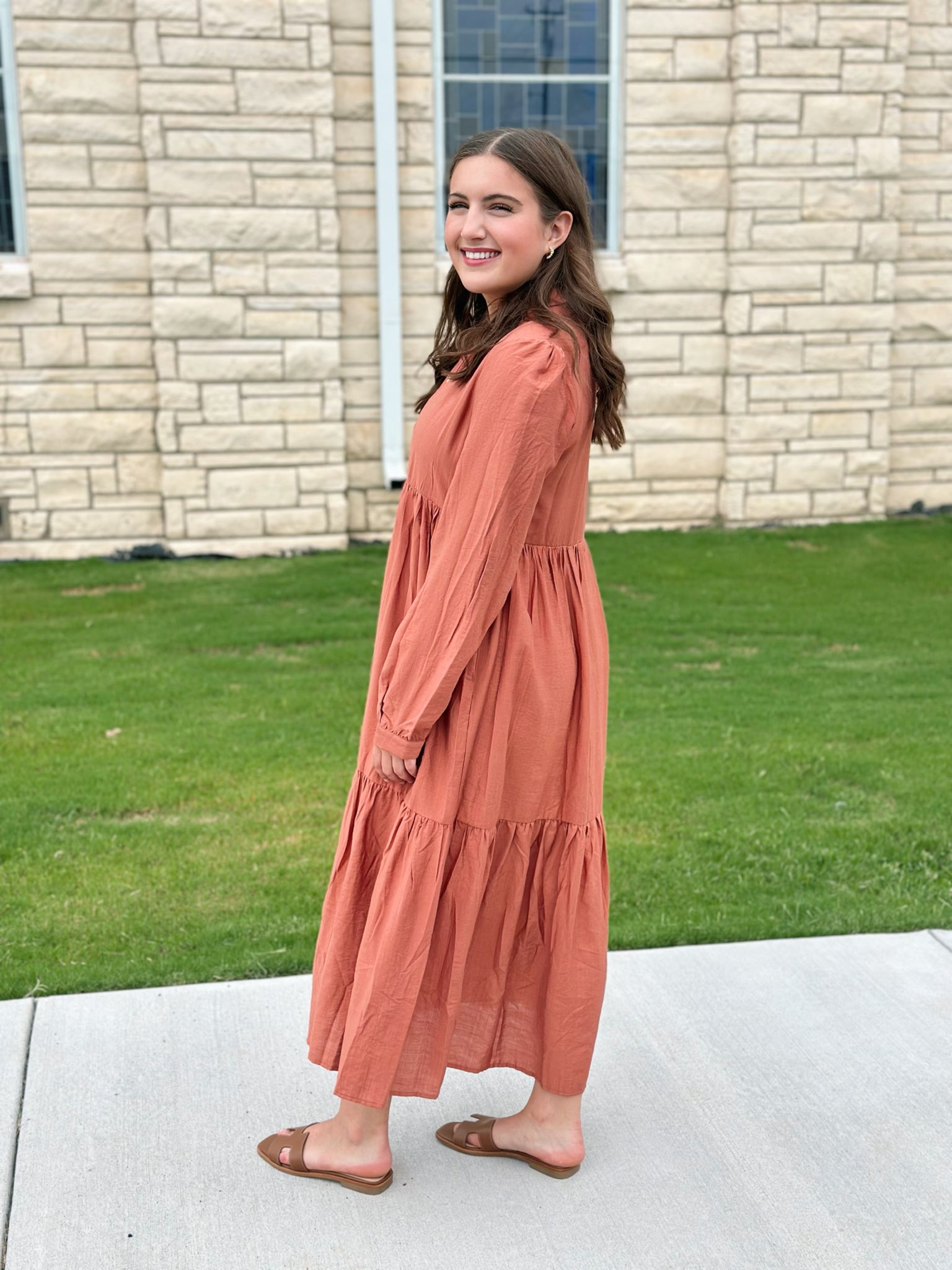 Long Sleeve Midi Dress - Rust