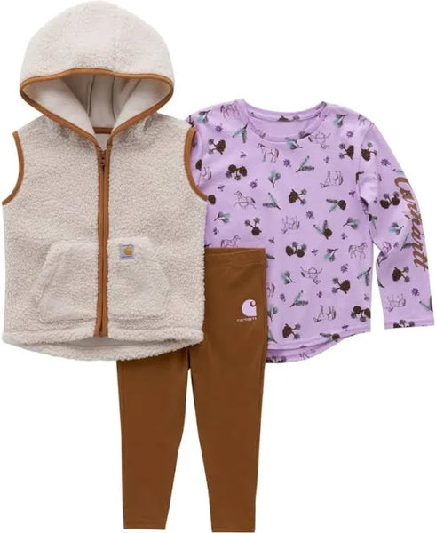 Carhartt Girls Long Sleeve T-Shirt, Sherpa Vest And Leggings Set, Three Piece Set - Brown (210)