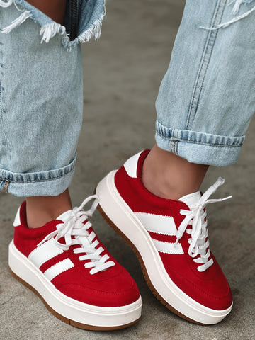Navida Lace-Up Low-Top Platform Sneakers- Red