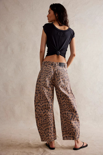 Free People Good Luck Printed Barrel Jeans- Brown Sugar Combo