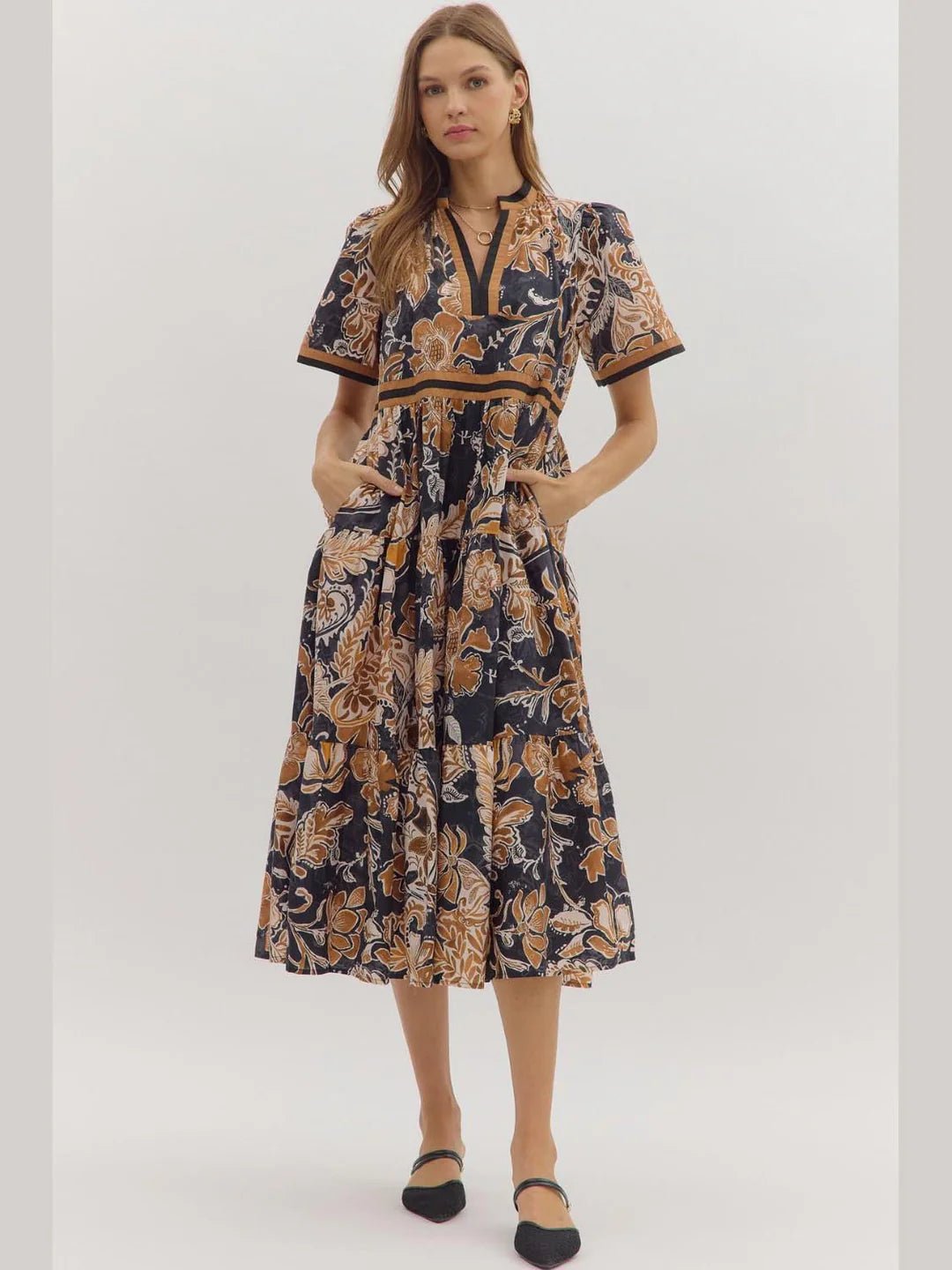 Printed Floral Midi Dress - Black/Rust