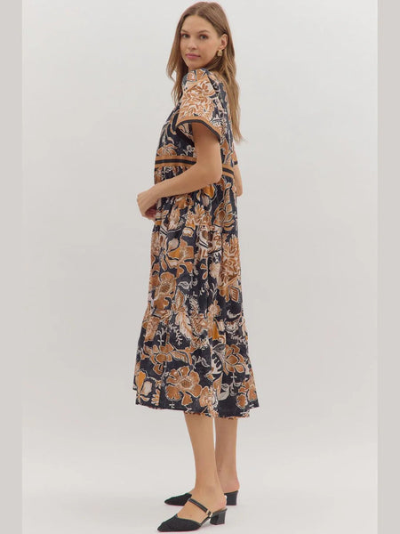 Printed Floral Midi Dress - Black/Rust