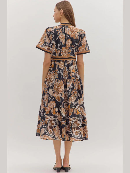 Printed Floral Midi Dress - Black/Rust