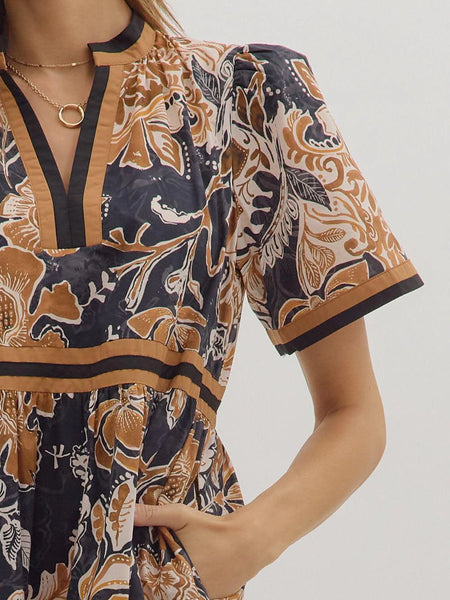 Printed Floral Midi Dress - Black/Rust