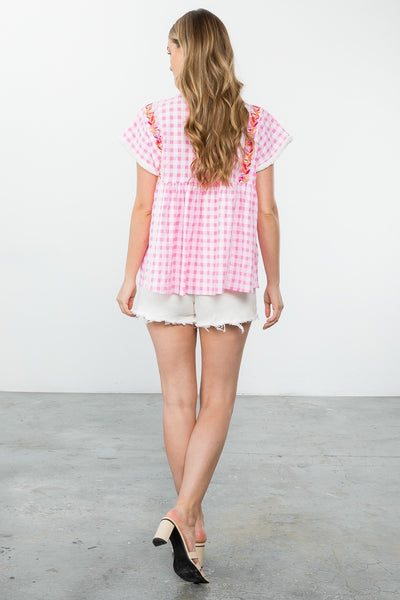 Embroidered Gingham Babydoll Top