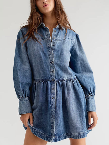 Free People Marris Denim Mini Dress - Washed Mid Blue Denim