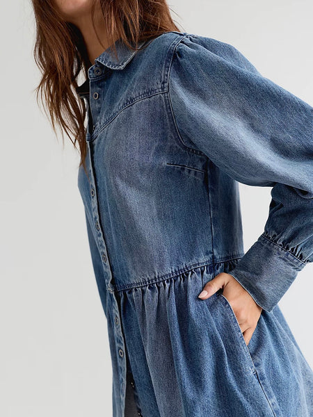 Free People Marris Denim Mini Dress - Washed Mid Blue Denim