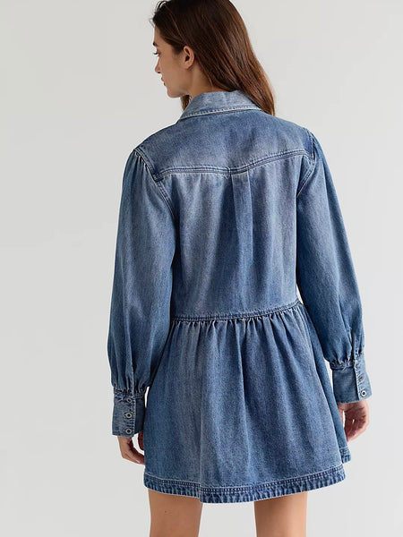 Free People Marris Denim Mini Dress - Washed Mid Blue Denim