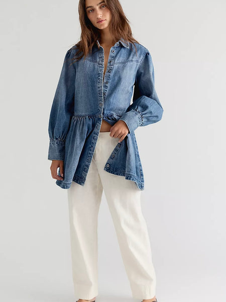 Free People Marris Denim Mini Dress - Washed Mid Blue Denim