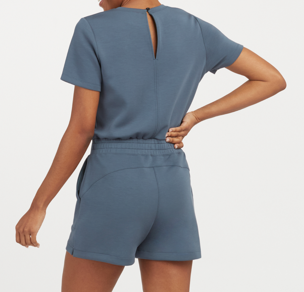 NWT Spanx AirEssentials Short Sleeve Romper in Storm Blue Airluxe Jumpsuit L