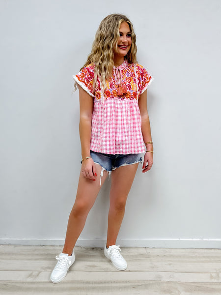 Embroidered Gingham Babydoll Top