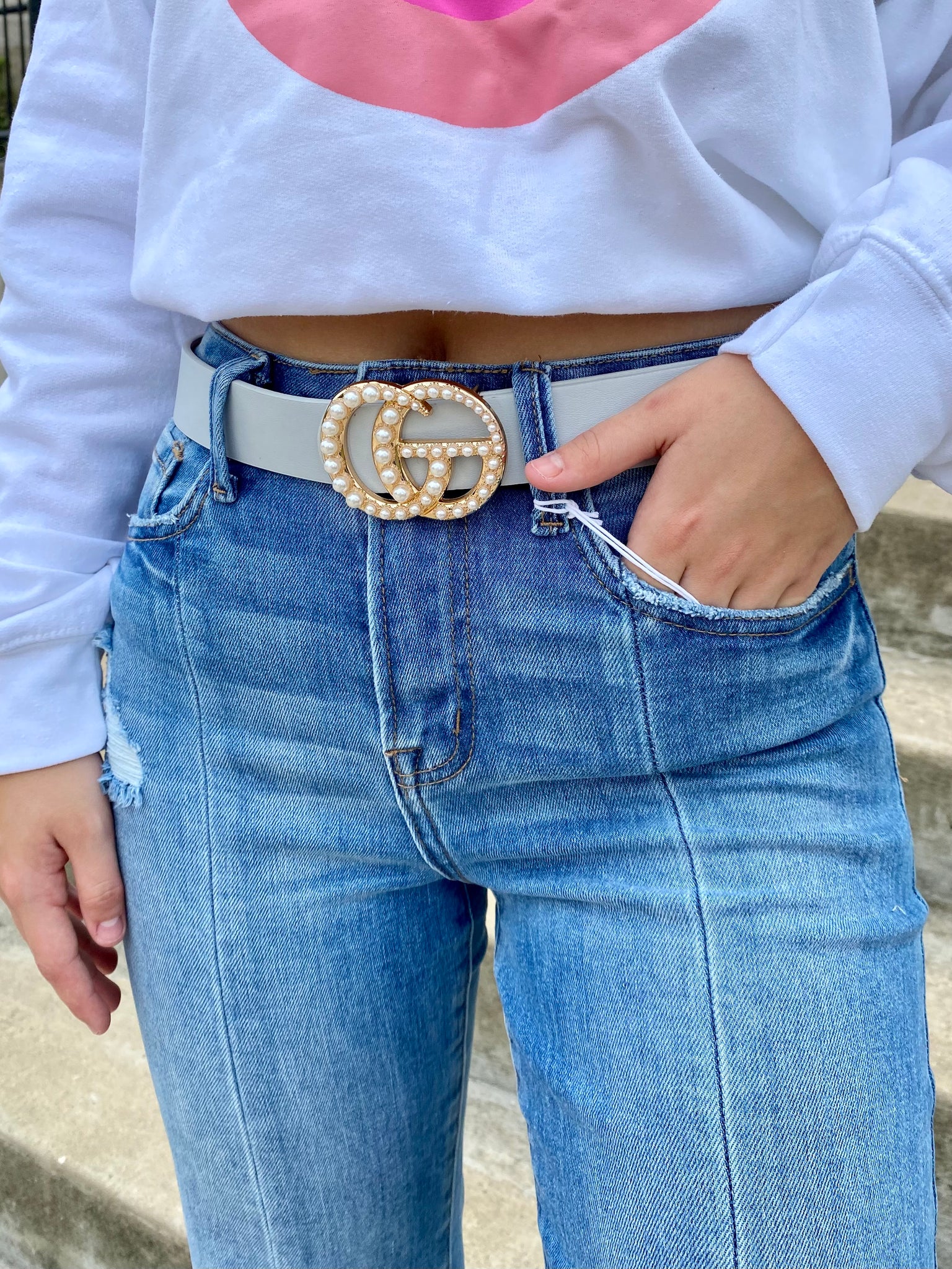 Retail Therapy Belt- Gray Pearl