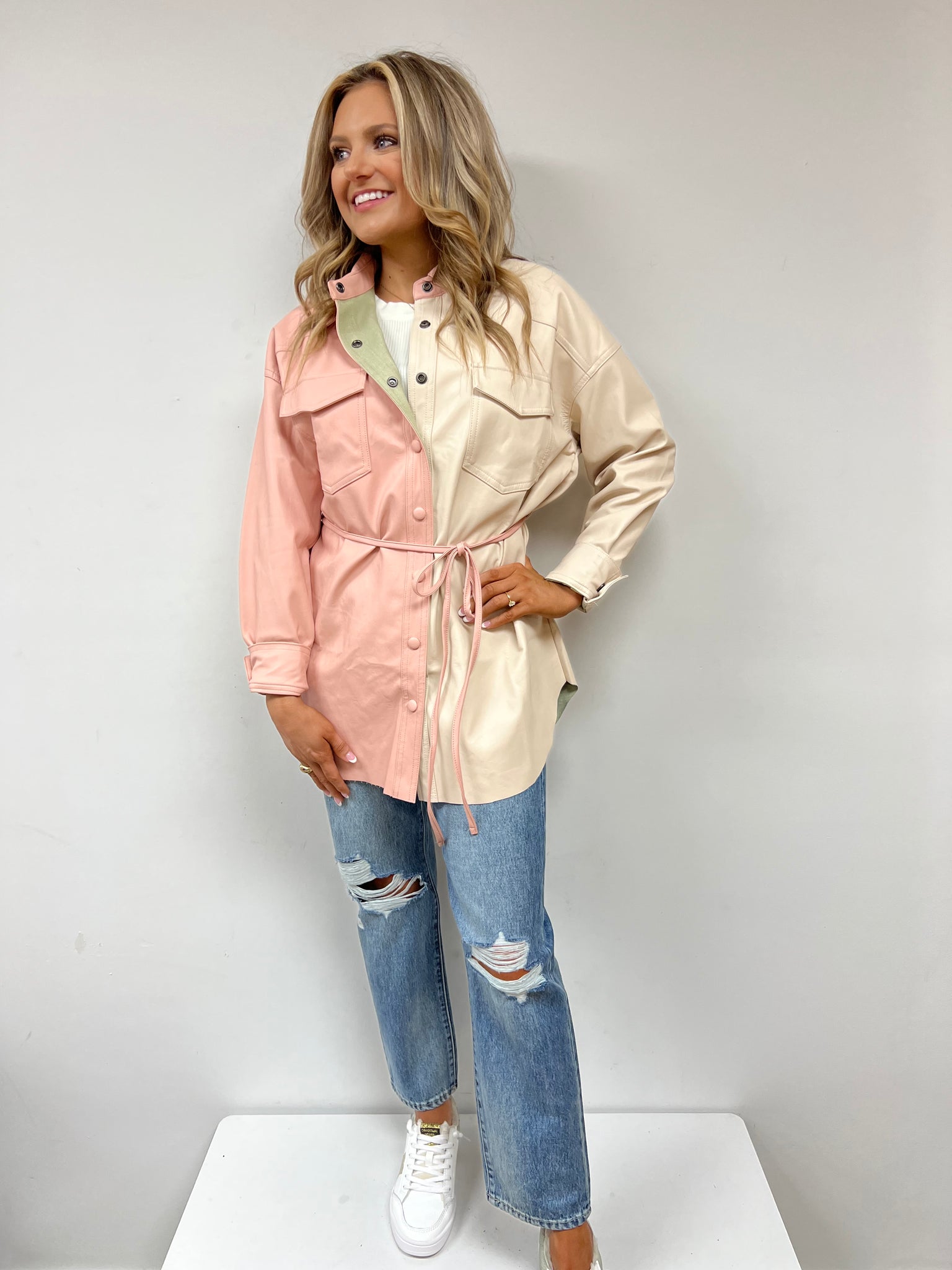 Faux Leather Colorblock Shacket