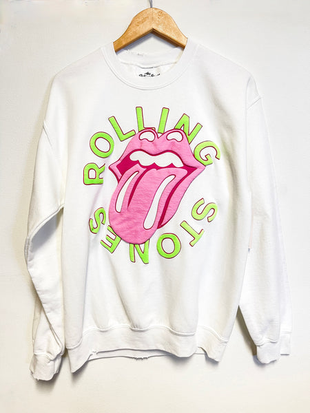 Rolling Stones Neon Puff Classic Lick White Thrifted Sweatshirt